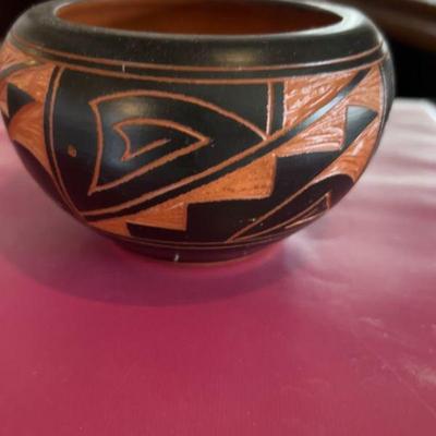 Native american pottery black and orange small bowl