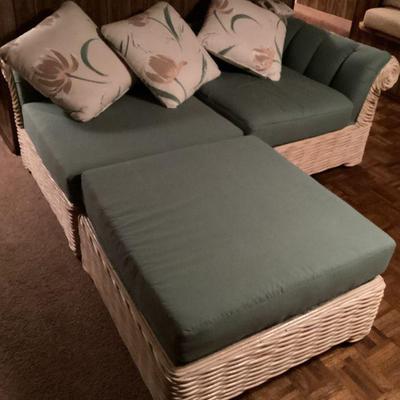 Wicker lounge sectional green cushions