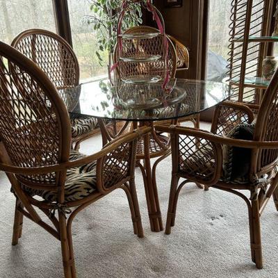 Rattan glass top table and 4 highback chairs