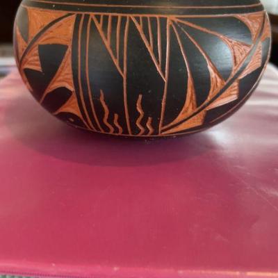 Native american pottery black and orange bowl