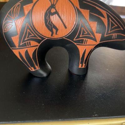 Native american pottery black and orange design bear