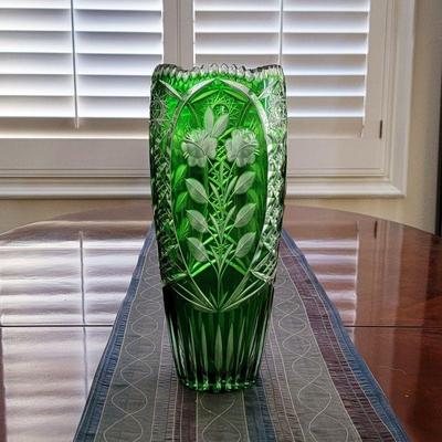 Bohemian cut crystal Emerald Green tall vase