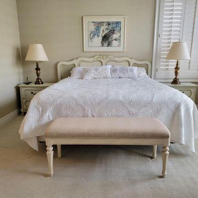 Master bedroom set, King bed, nightstands, vintage brass lamps, signed Asian artwork, bench