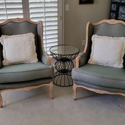 French inspired upholstered accent chairs, Elizabeth Cole mirror top accent table