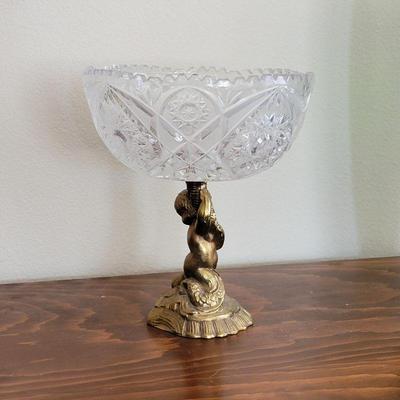 Hollywood Regency brass cherub with cut glass bowl