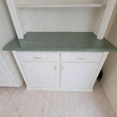 Country inspired buffet hutch, white wood with stone countertop