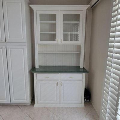 Country inspired buffet hutch, white wood with stone countertop