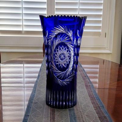 Bohemian cut crystal Cobalt Blue tall vase