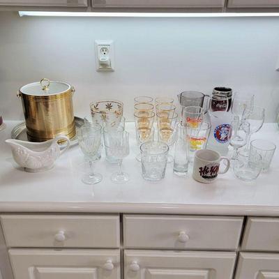 Vintage ice buckets and glassware, assorted kitchenware