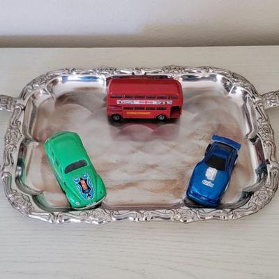Japanese silver plated tray with vintage toys