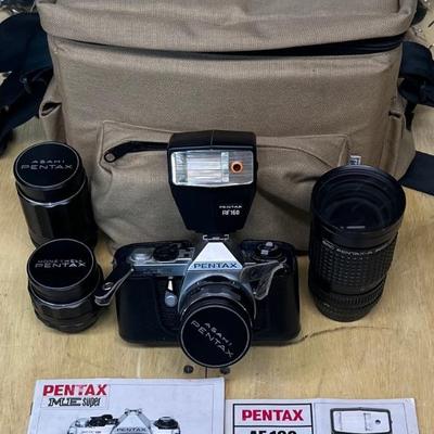 Vintage Asahi Pentax ME Super Camera With AF 160 Flash, Lenses, & REI Camera Bag 