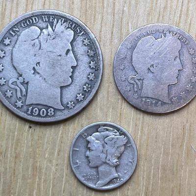 1908 Barber Half Dollar, 1914 Barber Quarter, & A 1940 Mercury Dime 
