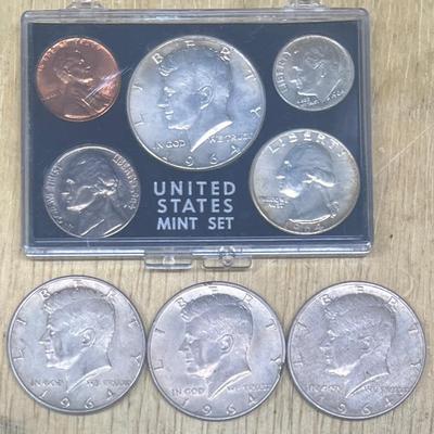 (3) 1964 Kennedy Half Dollars With A 1964 United States Mint Set 