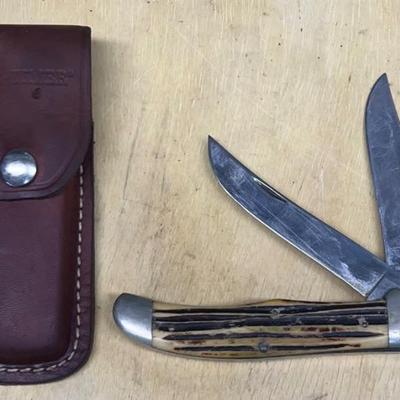 Vintage Queen Steel #39 Bone Handle 2-blade Pocket Knife With Older Timer Leather Case 