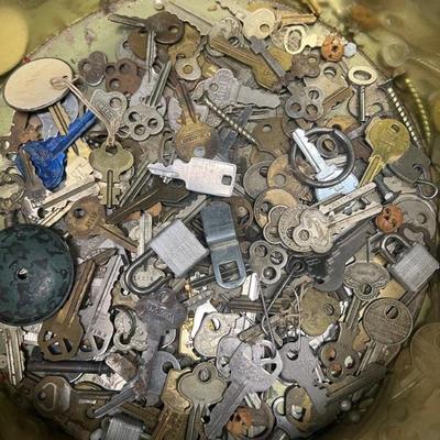 Tin Of Assorted Vintage Keys, Padlocks, And Key Rings