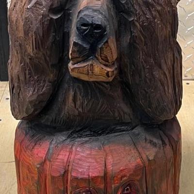 Hand Carved 17.5 Inch Wooden Bear On Pumpkin 