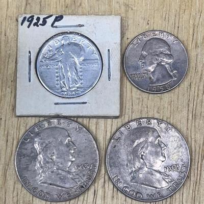 (2) 1963 Franklin Half Dollars, 1925 Liberty Quarter, & 1958 Quarter 