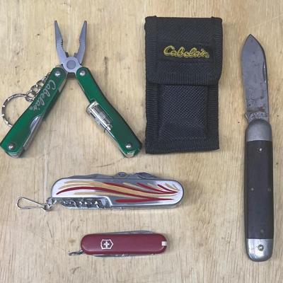 (4) Pocket Knives And Multi Tools - Cabela's With Case, Vintage Utica Cutlery, Stainless, & Swiss 