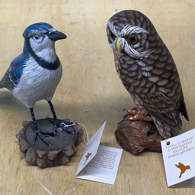 John J. Madison Co. Hand Crafted Wildlife Wood Carvings With Tags - Blue Jay And Owl