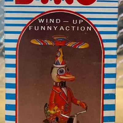 Vintage Duck On Bike Tin Wind Up Toy With Original Box 