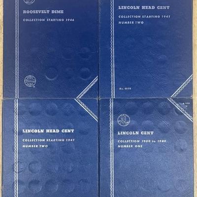 (4) Whitman Lincoln Head Cent, Roosevelt Dime, & Lincoln Cent Partial Coin Booklets 