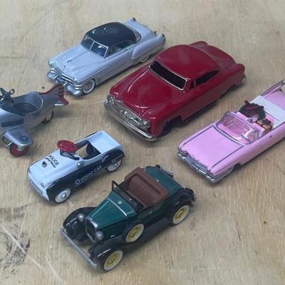 (6) Plastic & Die Cast Toy Cars & Plane - Murray Hallmark, Vintage Tin Wind Up, & Police Squad Car