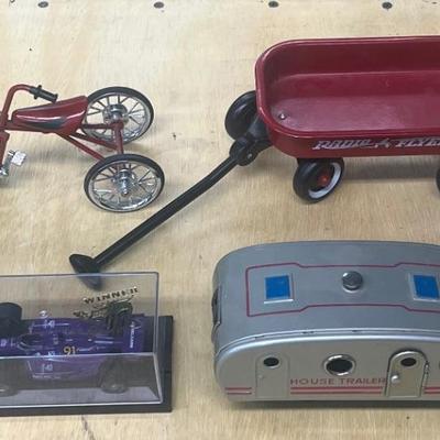 Radio Flyer Miniature Wagon, Diecast Tricycle, Tin House Trailer, & Racing Champions Buddy Lazier Race Car