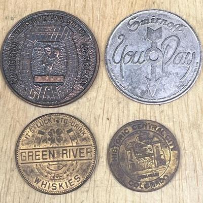 (4) Vintage Tokens - 1970 Nebraska Huskers State Champs, Smirnoff, Green River Whiskey, Central City Colorado