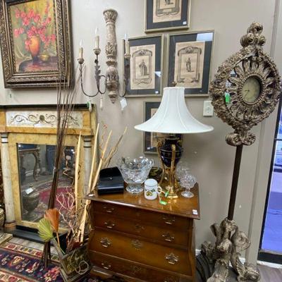 Set of 4 Antique lithographs on parchment paper and Bombay chest, lamps and more