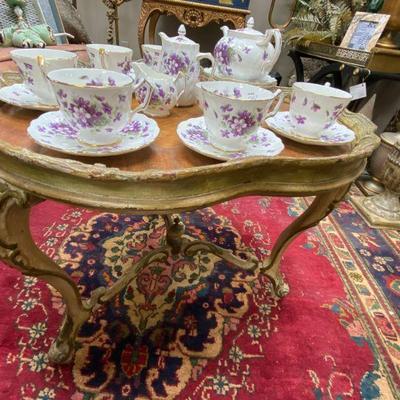 French provincial occasional table and Anysley England Violette bone china tea set