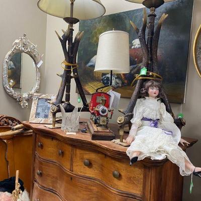 Pair of faux antler lamps doll made in Italy, train engine table lamp