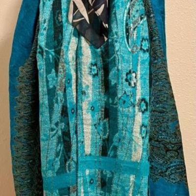 (3) Vintage Scarves -Blue Abstract 100 Percent Cashmere -  Black Leaf - Blue With Fringe Viscose (as Is) 