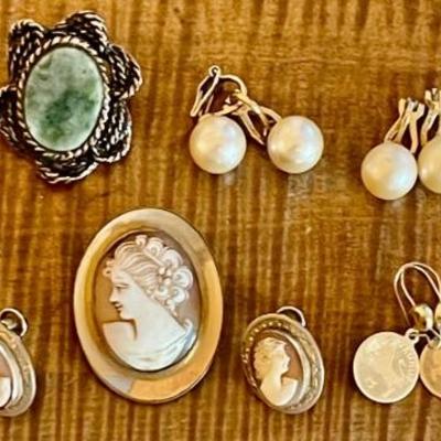 Vintage Gold Filled Cameo Pin And Earrings - GP Taurus Earrings - Sterling Filigree - Faux Pearl Napier