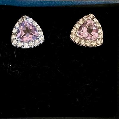 Sterling Silver Platinum Plated & Amethyst Triangle Earrings 