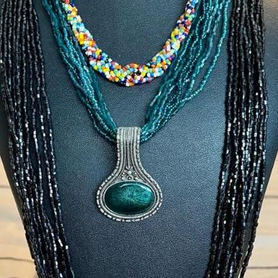 3 Art Glass Bead Bead Necklaces - 30 Inch Multi Strand Black Bead - 18 Inch Green Bead & Multi Color 18 Inch