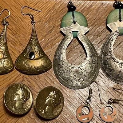 Vintage Boho Earrings - Etched Silver Tone - Brass -mexico Enamel & Clip On Gold Tone