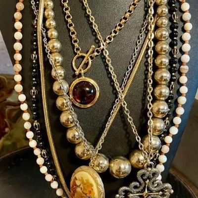 Vintage Necklace Lot - Stone Bead - Napier - Beeline - Avon Locket - Faux Amber & More