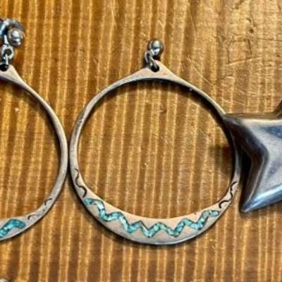 Vintage Mexico Sterling Silver Clip On Star Earrings - Hoop Earrings W Turquoise (as Is) (1) Single Earring