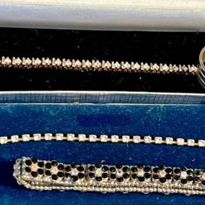 (2) Vintage Rhinestone Tennis Bracelets A Sabona Cuff And Stretch Bracelet