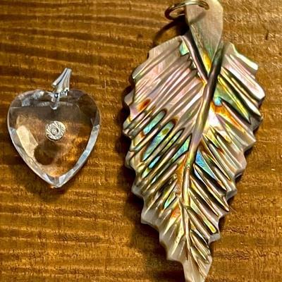 (2) Vintage Pendants - Carved Abalone Leaf And Crystal Heart With Tiny Diamond 