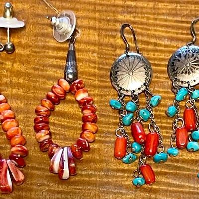 (2) Pair Of Southwest Sterling Silver Earrings - One Coral & One Turquoise & Coral Drop 