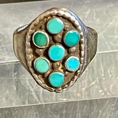 Native American Navajo Multi Stone Turquoise & Sterling Silver Ring Size 10.5 - Signed L M Sterling
