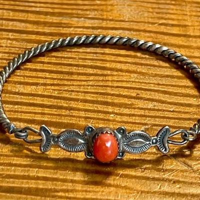 B. R. Ashley Vintage Sterling Silver & Coral Twist Bangle Bracelet - Total Weight 9.77 Grams 