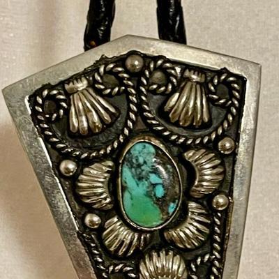 Navajo Sterling  And Turquoise Bolo Tie With Braided Leather Cord