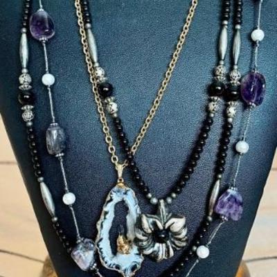 3 Vintage Necklaces - Sterling Silver & Onyx Bead Flower - Amethyst Stone - Gold Tone Chain W Crystal Pendant