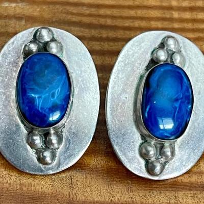 Vintage Sterling Silver Mexico 925 Lapis Earrings - Total Weight 14.27 Grams 