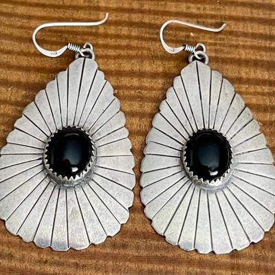 Jackie Singer Navajo Sterling Silver & Black Onyx Earrings - Total Weight 14.71 Grams 