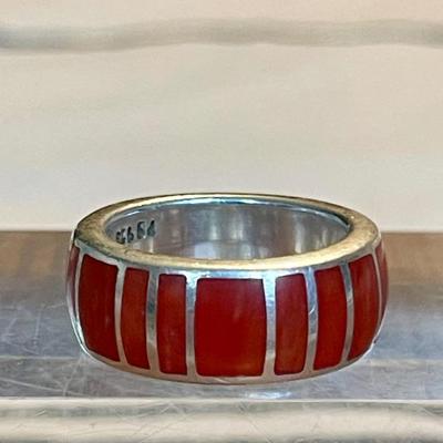Vintage Sterling Silver & Coral Inlay Ring Size 9 Stamped PB - Total Weight 12.37 Grams 