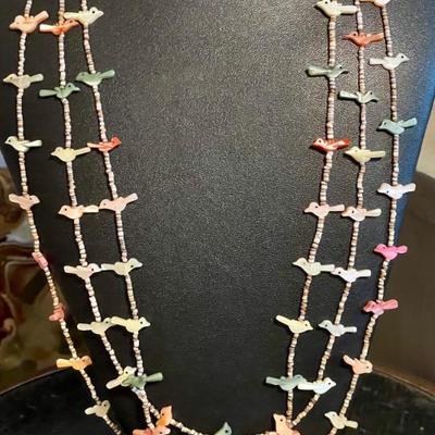 Vintage Zuni 3 Strand Hand Carved Stone Bird Fetish & Heishi Bead  26 Inch Necklace With Sterling Silver Clasp