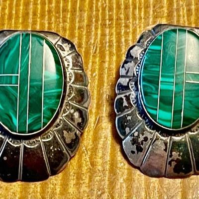 Silver Ray Navajo Sterling Silver & Malachite Post Earrings - Total Weight 13.92